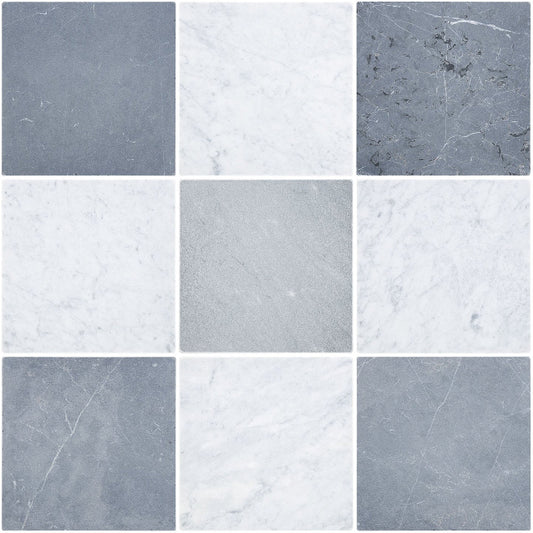 Closeup of grey and white marble checkerboard tiles