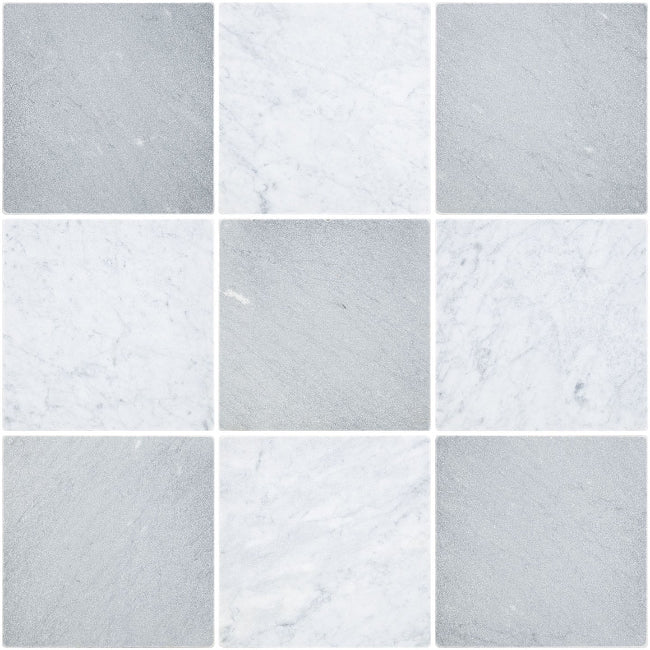 Closeup of Grey & White Checkerboard Tile Tumbled Marble