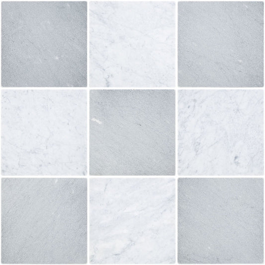 Closeup of Grey & White Checkerboard Tile Tumbled Marble