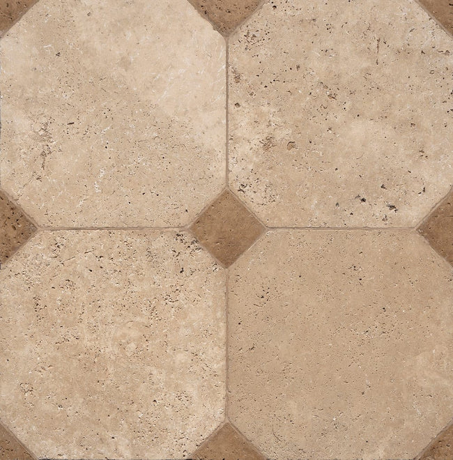 Monarch Octagon Checkerboard Tile in Cream & Bruno Travertine Tumbled 16" x 16"