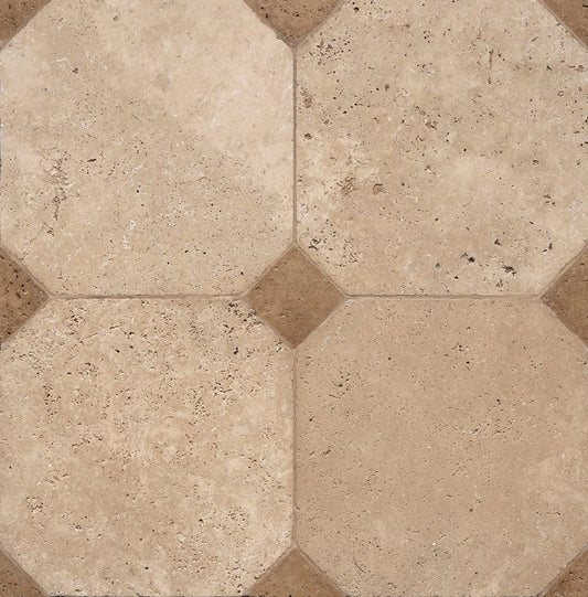 Monarch Octagon Checkerboard Tile in Cream & Bruno Travertine Tumbled 16" x 16"