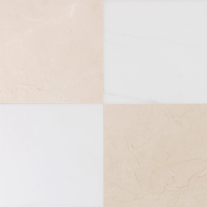 Checkerboard Crema Marfil & Asian Statuary Marble Tile