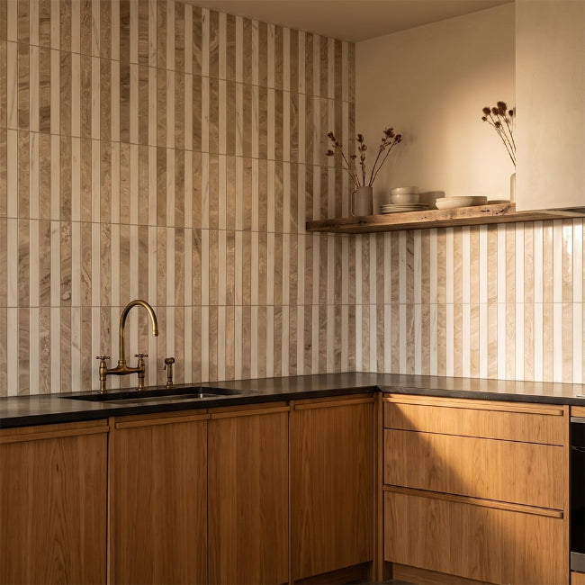 Strata Striped Marble Mosaic in Crema Rivetta & Bianco Nieve 12" x 12"