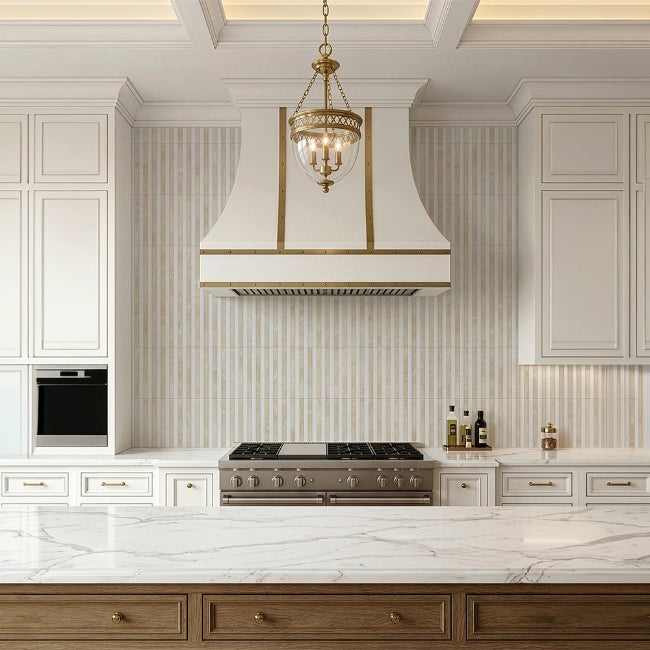 Strata Striped Marble Mosaic in Crema Rivetta & Bianco Nieve 12" x 12"