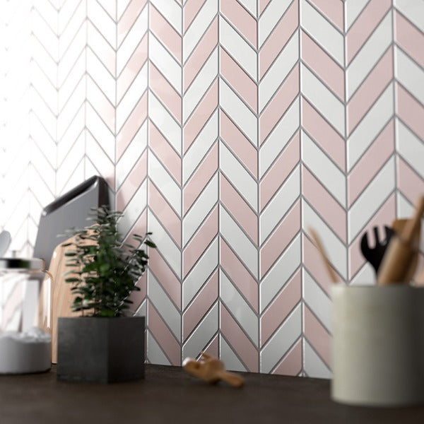 Pearl White Glossy Chevron Ceramic Tile 2" x 6"