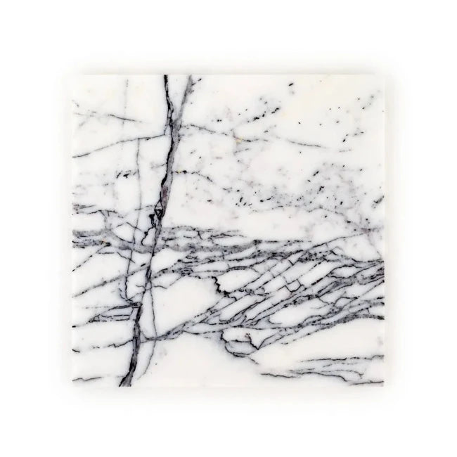Marble tile with black veining on a white background