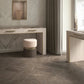 Modern interior with marble walls and brown marble tile floors