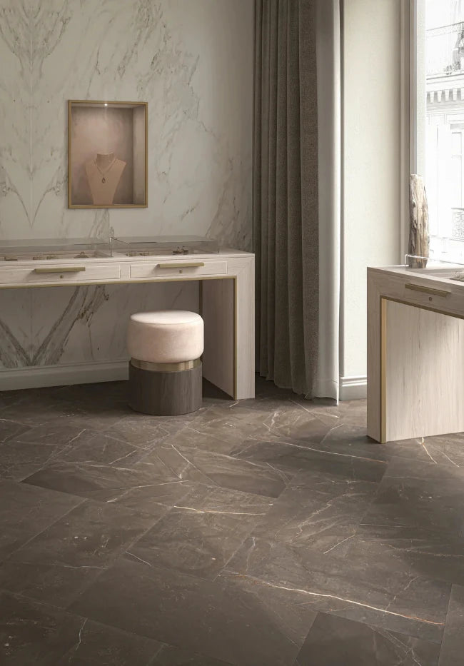 Modern interior with marble walls and brown marble tile floors