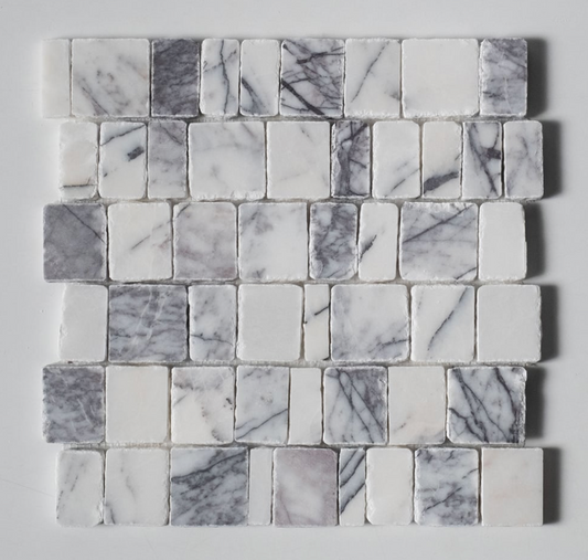 white and purple marble mosaic tile sheet with rectangular tiles, arranged in a staggered brick pattern.