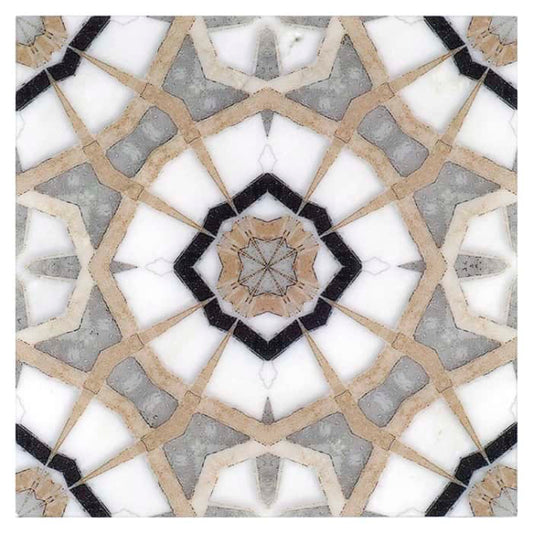 Decorative tile with geometric pattern featuring black, beige, and gray colors.