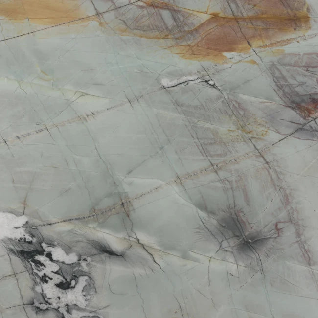 Details of green quartzite slab with orange and grey veining