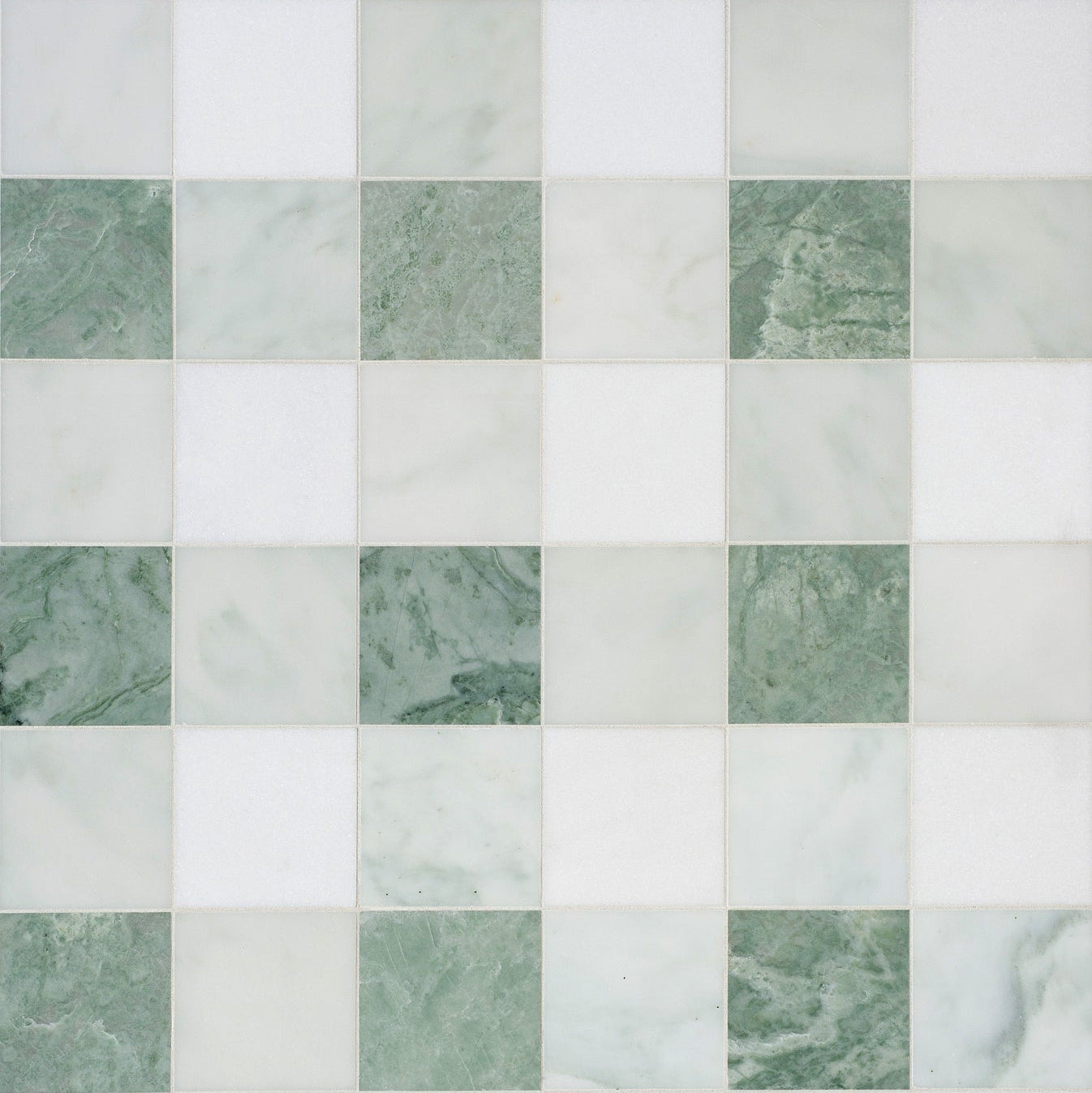 Closeup of green and white marble checkerboard tile mosaic