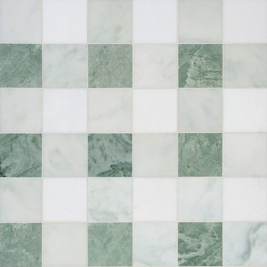 Closeup of green and white marble checkerboard tile mosaic