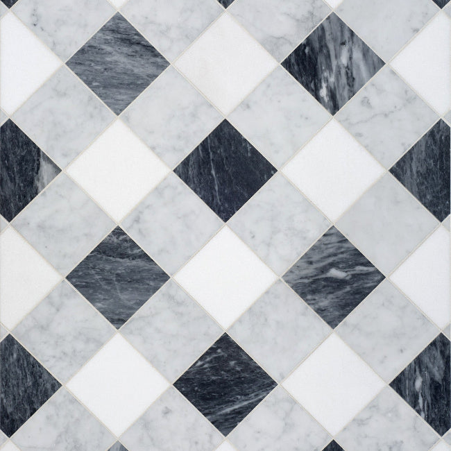 Closeup of grey and white marble checkerboard tile