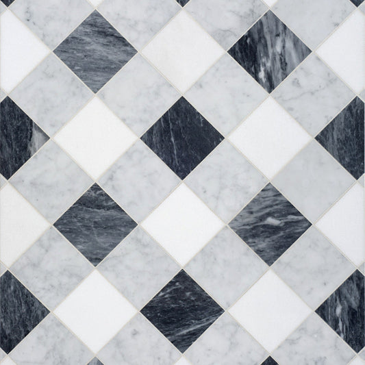 Closeup of grey and white marble checkerboard tile