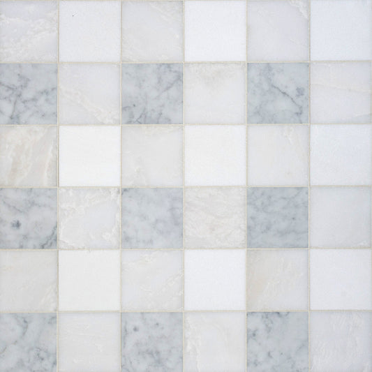 Closeup of white and light grey marble checkerboard tile mosaic