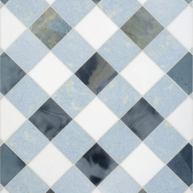 Closeup of Blue & White Checkered Mosaic Floor & Wall Tile Pattern