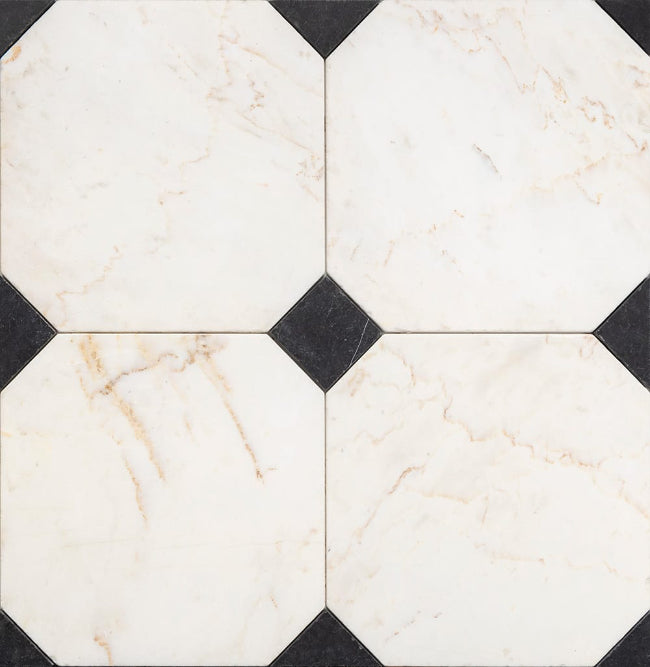 Monarch Octagon Checkerboard Tile in Black & Calacatta Cream Tumbled Marble 16" x 16"