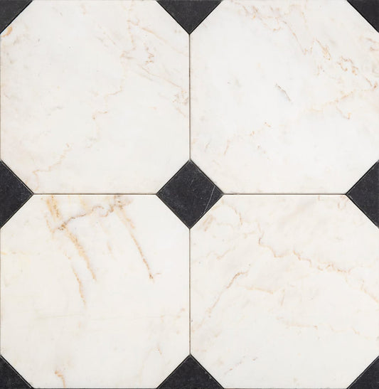 Monarch Octagon Checkerboard Tile in Black & Calacatta Cream Tumbled Marble 16" x 16"
