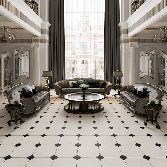 Monarch Octagon Checkerboard Tile in Black & Calacatta Cream Tumbled Marble 16" x 16"