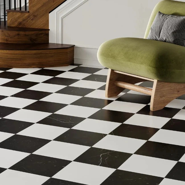 Black and white checkerboard marble tile flooring living room