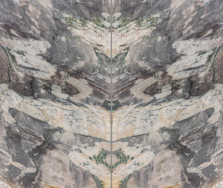 Bookmatched marble slab with gray, white, and brown colors