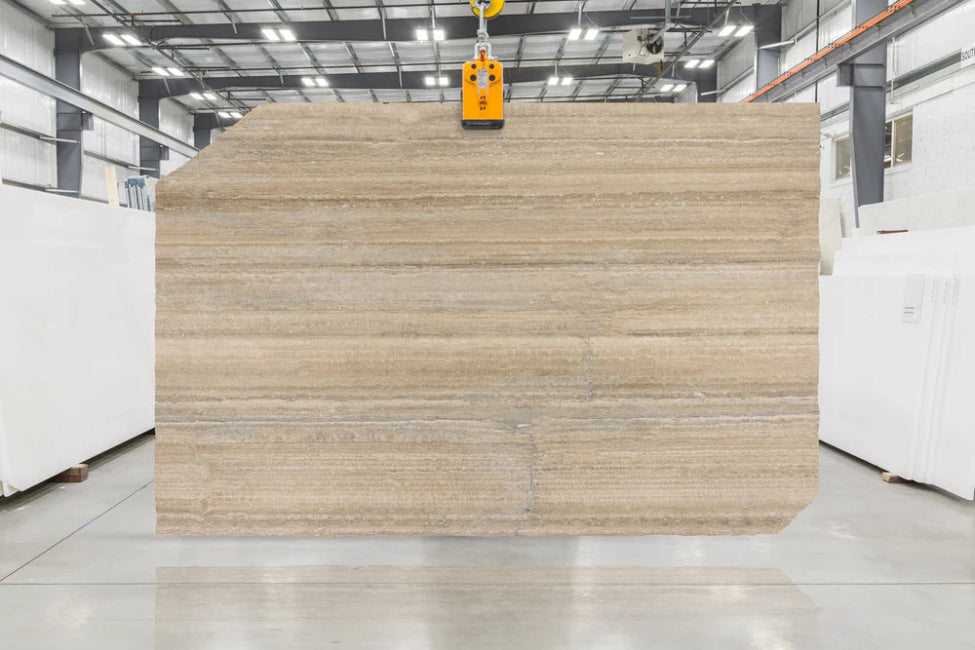 Silver Travertine in Los Angeles Slab Yard