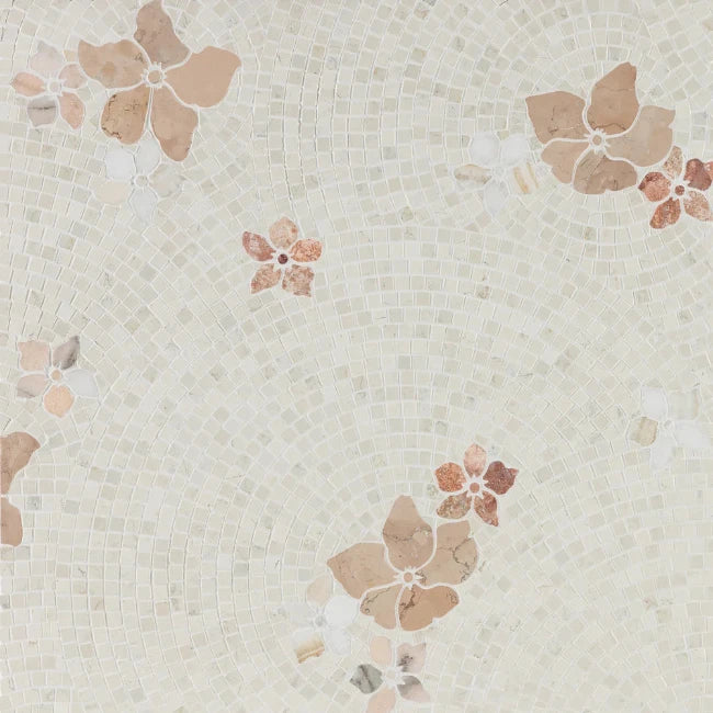 details of pink and beige floral marble mosaic tile