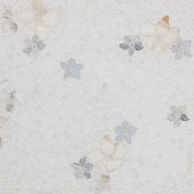 details of floral mosaic tile white marble