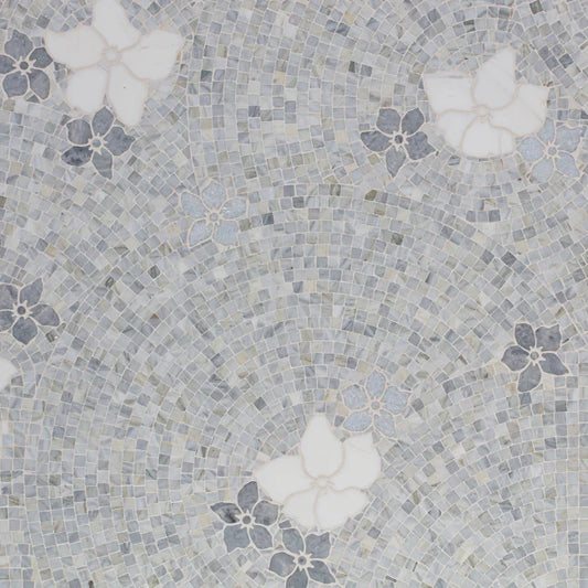 Details of blue marble floral mosaic tile