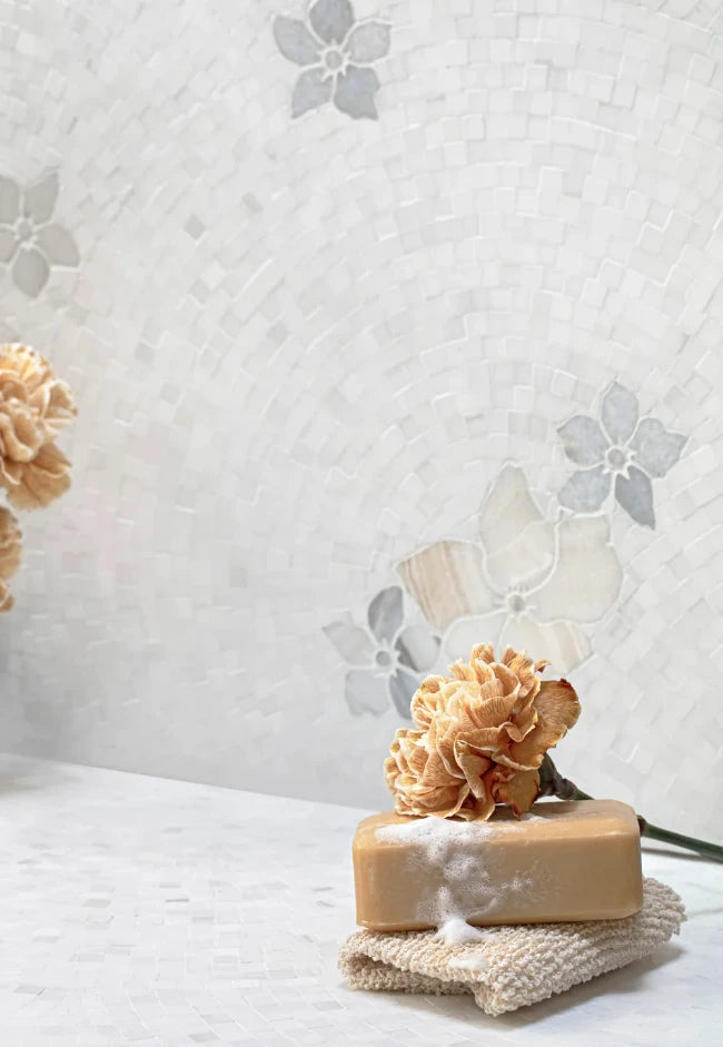 Details of white floral backsplash mosaic tile