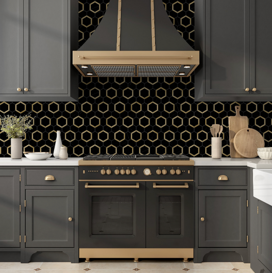Picket Hexagon Marble With Brass Mosaic in Nero Marquina