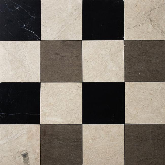 Soho Patchwork Marble Mosaic in Serene Limestone & Castanea & Black 4" x 4"