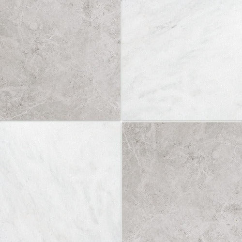 Checkerboard Silver Clouds & Snow White Honed Marble Tile