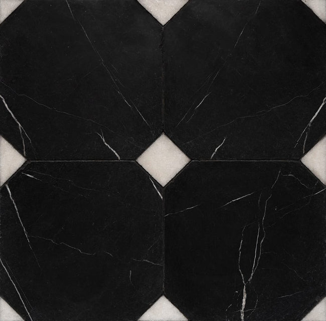 Monarch Octagon Checkerboard Tile in Snow White & Black Tumbled Marble 16" x 16"