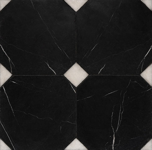 Monarch Octagon Checkerboard Tile in Snow White & Black Tumbled Marble 16" x 16"