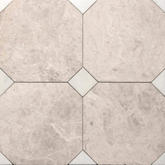 Monarch Octagon Checkerboard Tile in Snow White & Silver Clouds Tumbled Marble 16" x 16"