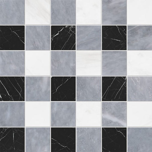 Soho Patchwork Marble Mosaic in Bianco Lasa Light & Blanco Nieve & Black 2" x 2"