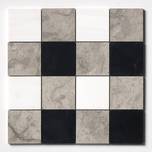 Soho Patchwork Marble Mosaic in Serene Limestone & Blanco Nieve & Black 4" x 4"