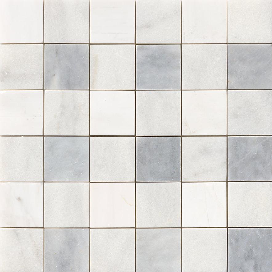 Soho Patchwork Marble Mosaic in Bianco Lasa Light & Blanco Nieve & Snow White 2" x 2"