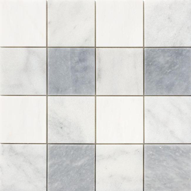 Soho Patchwork Marble Mosaic in Bianco Lasa Light & Blanco Nieve & Snow White 4" x 4"