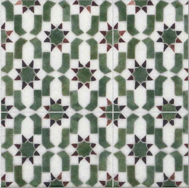 Patterned tiles with geometric designs in green, white, and gray.