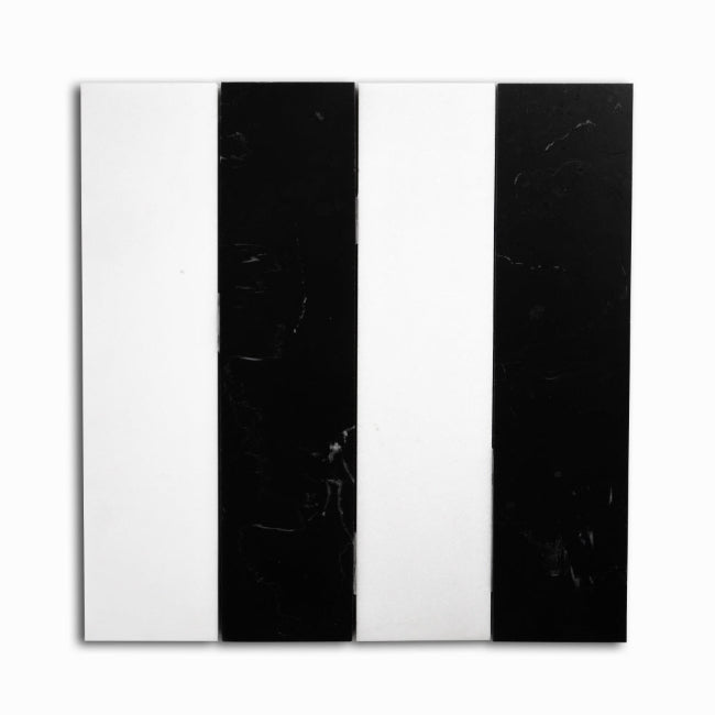 Strata Striped Marble Mosaic in Black & Thassos 3" x 12"