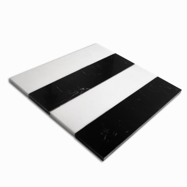 Strata Striped Marble Mosaic in Black & Thassos 3" x 12"