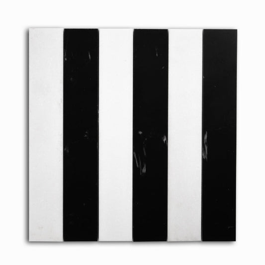 Strata Striped Marble Mosaic in Black & Thassos 2" x 12"