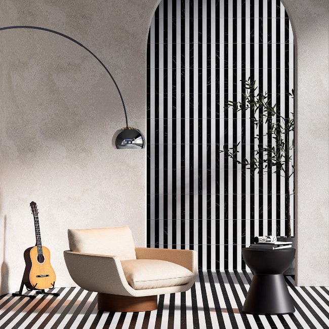 Strata Striped Marble Mosaic in Black & Thassos