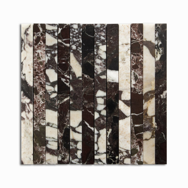 Strata Striped Marble Mosaic in Calacatta Viola & Rosso Levanto 1" x 12"