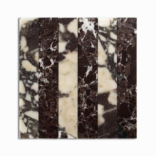 Strata Striped Marble Mosaic in Calacatta Viola & Rosso Levanto 2" x 12"