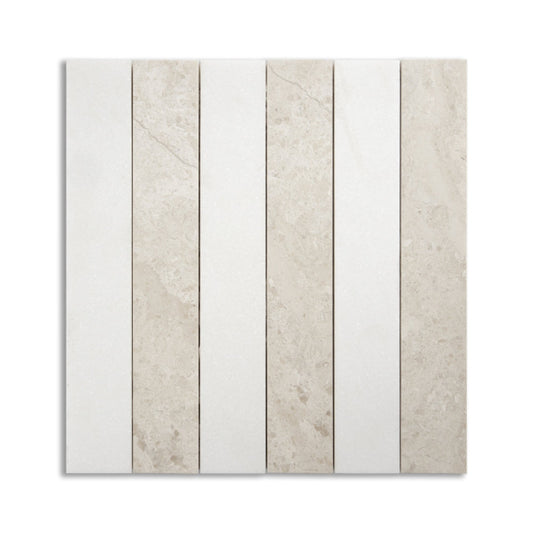 Strata Striped Marble Mosaic in Crema Rivetta & Thassos 2" x 12"
