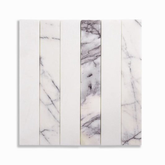 Strata Striped Marble Mosaic in Lilac & Thassos 2" x 12"